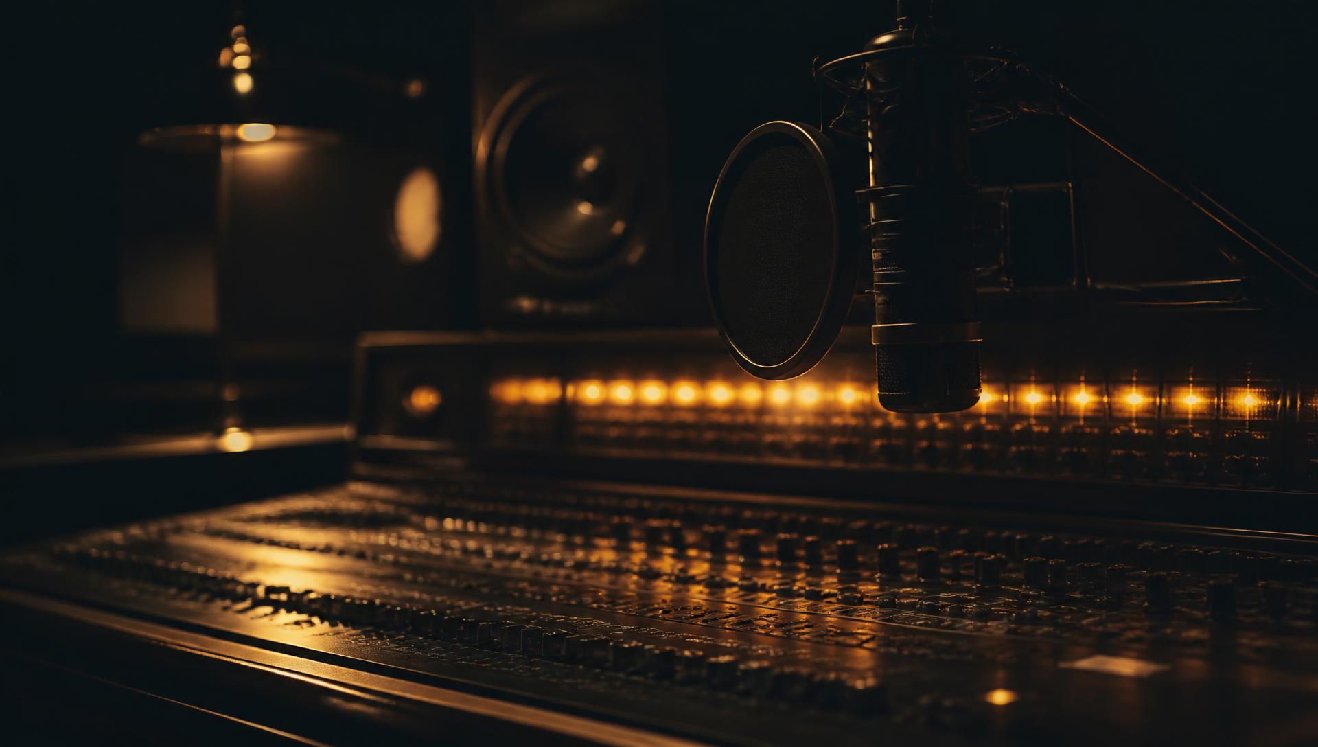 Studio mixing console lit in warm amber light